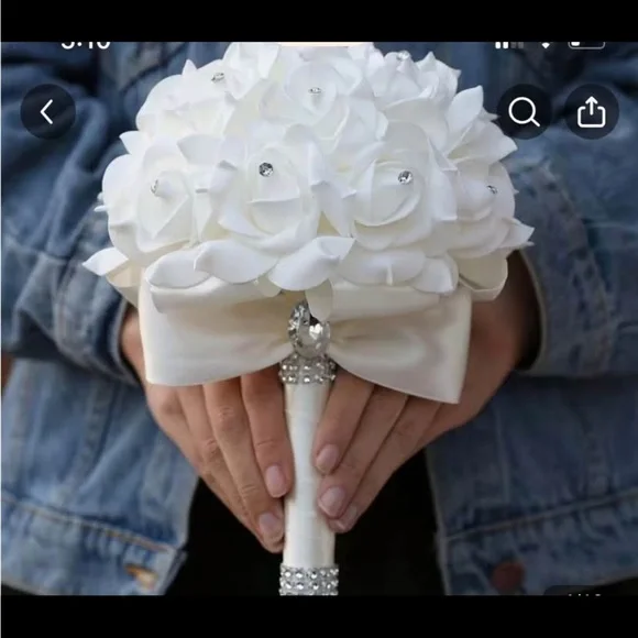 White Satin Bridal Bouquet with Crystal Accents - Picture 1 of 4